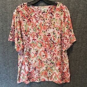 JM‎ Collection Top Womens Plus 3X Pink Green Floral Textured Stretch Knit Blouse